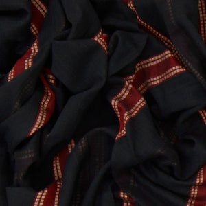 Black Handwoven Bengal Cotton Saree With Stripes & Maroon Pallu-Black