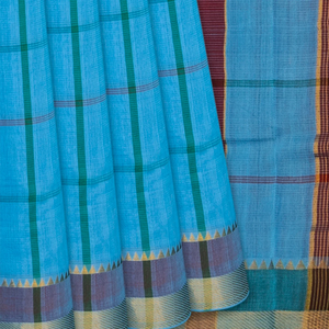 Turquoise Handloom Bengal Cotton Saree With Checks-Turquoise