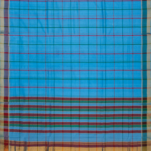 Turquoise Handloom Bengal Cotton Saree With Checks-Turquoise