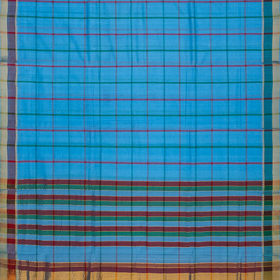 Turquoise Handloom Bengal Cotton Saree With Checks-Turquoise