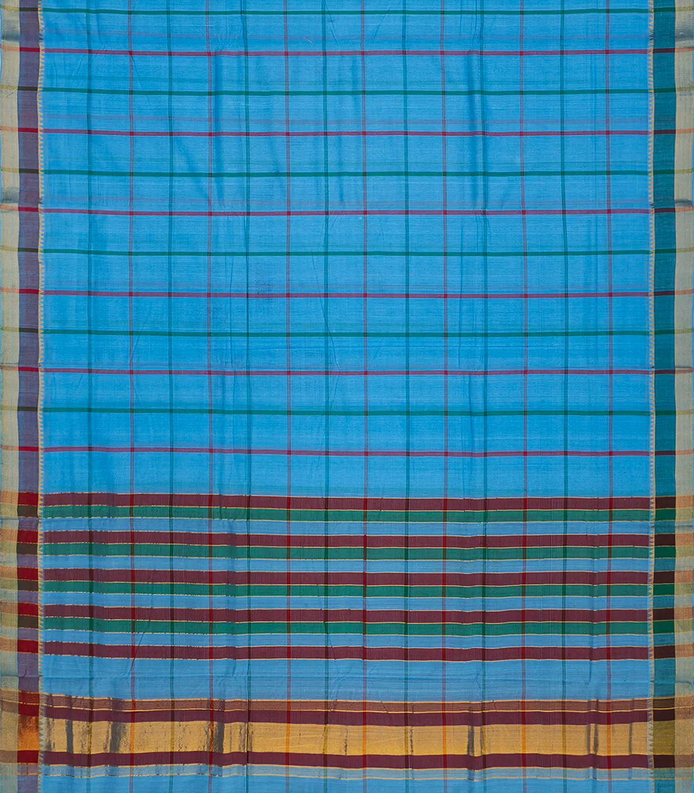 Turquoise Handloom Bengal Cotton Saree With Checks-Turquoise