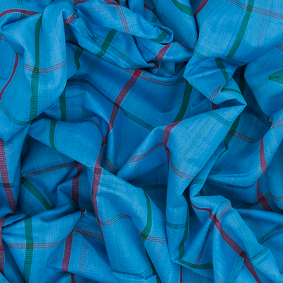 Turquoise Handloom Bengal Cotton Saree With Checks-Turquoise