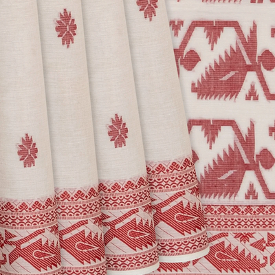 Off White Handloom Bengal Cotton Saree With Floral Motifs-Off White