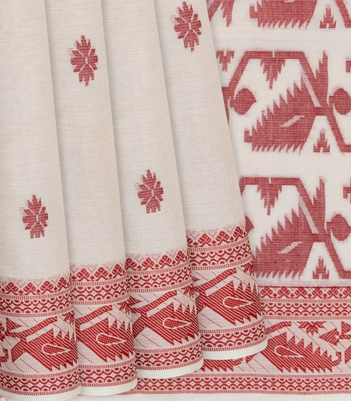 Off White Handloom Bengal Cotton Saree With Floral Motifs-Off White
