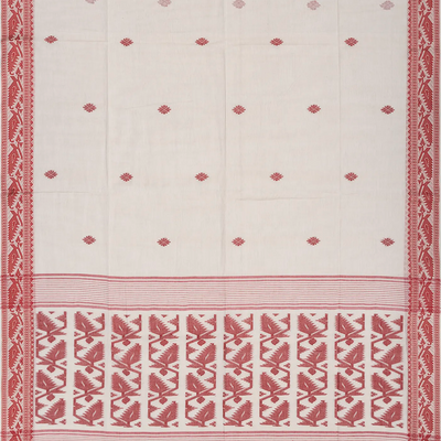 Off White Handloom Bengal Cotton Saree With Floral Motifs-Off White