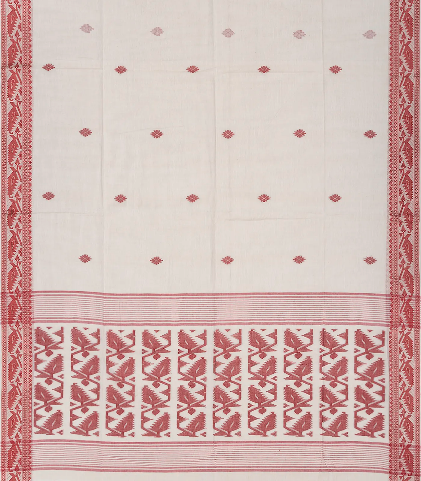 Off White Handloom Bengal Cotton Saree With Floral Motifs-Off White