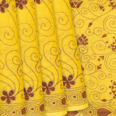 Yellow Handloom Bengal Cotton Saree With Spiral Motifs-Yellow