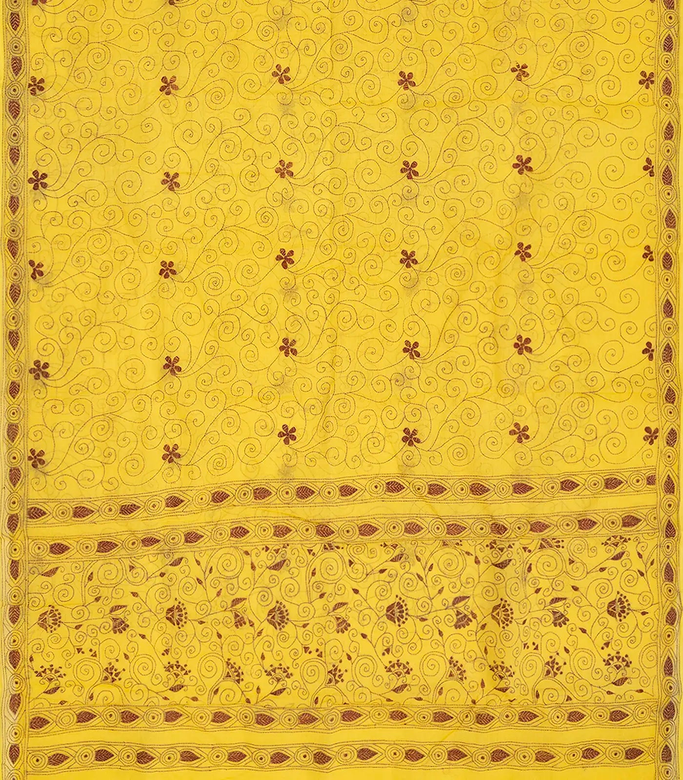 Yellow Handloom Bengal Cotton Saree With Spiral Motifs-Yellow