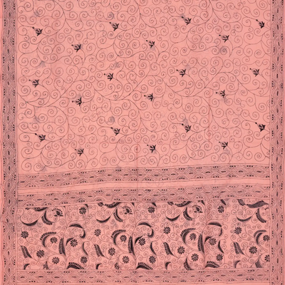 Peach Handloom Bengal Cotton Saree With Spiral Motifs-Peach