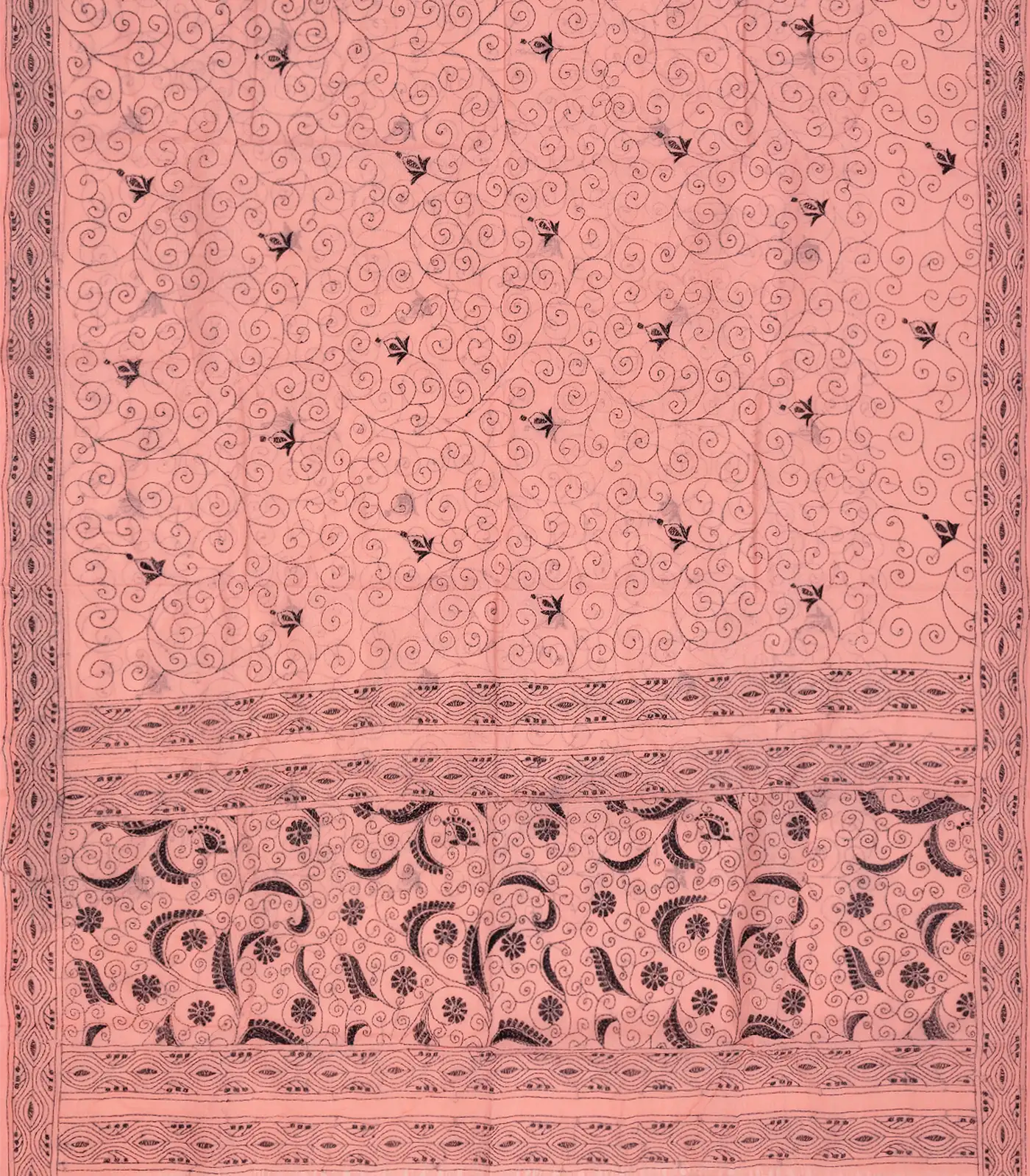 Peach Handloom Bengal Cotton Saree With Spiral Motifs-Peach