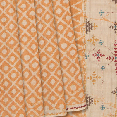 Sandal Embroidered Tussar Silk Saree With Diamond Motifs-Sandal