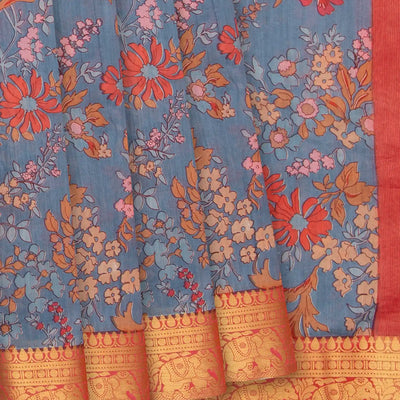 Grey Blended Cotton Saree With Floral Motifs-Grey