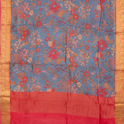 Grey Blended Cotton Saree With Floral Motifs-Grey