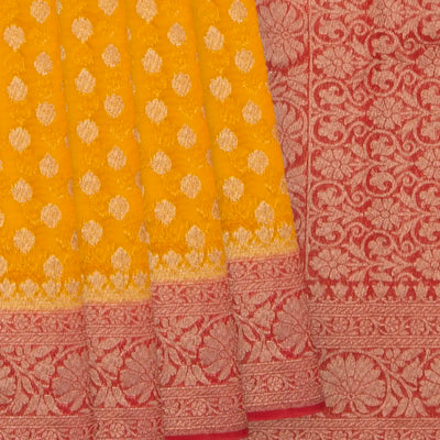 Yellow Banarasi Woven Khaddi Georgette Saree With Floral Motifs & Red Border-Yellow