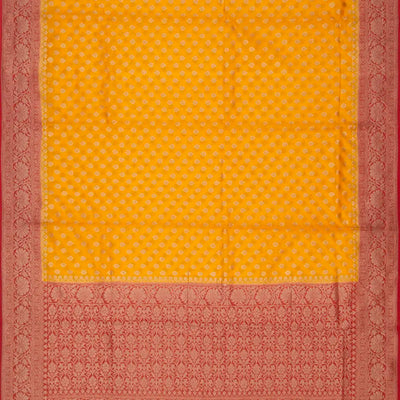 Yellow Banarasi Woven Khaddi Georgette Saree With Floral Motifs & Red Border-Yellow