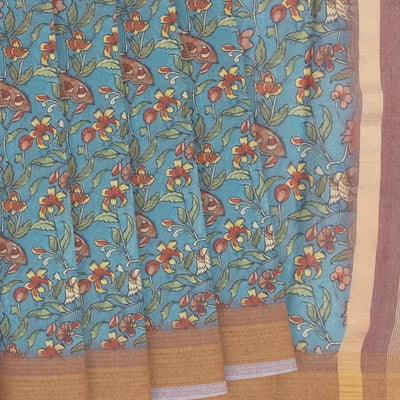 Light Blue Woven Blended Dupion Saree With Printed Floral Vine Motifs-Light Blue