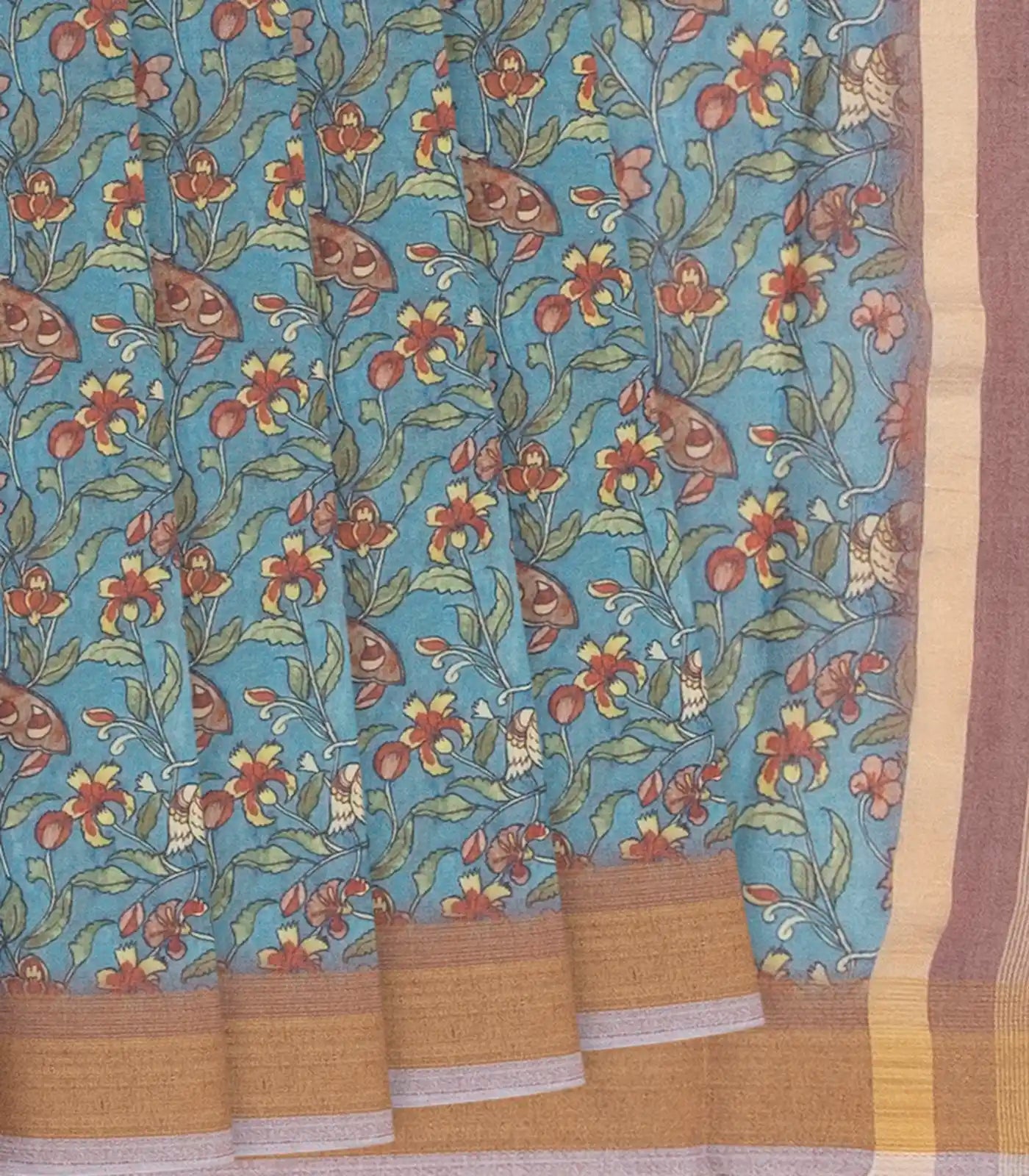 Light Blue Woven Blended Dupion Saree With Printed Floral Vine Motifs-Light Blue