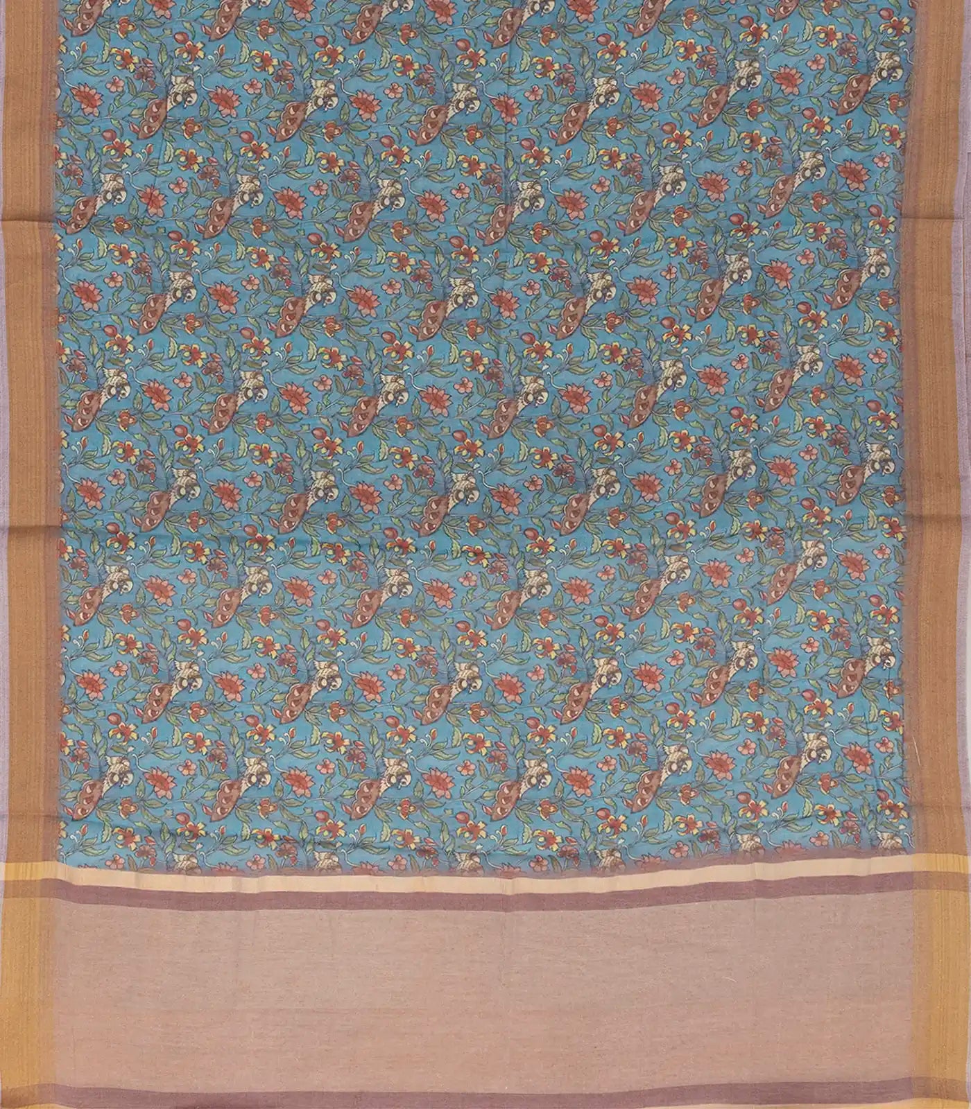 Light Blue Woven Blended Dupion Saree With Printed Floral Vine Motifs-Light Blue
