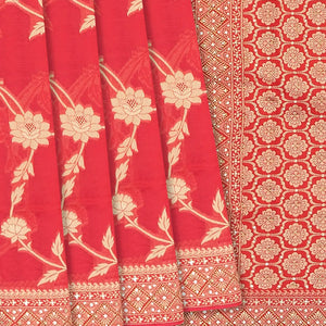 Peach Banarasi Woven Blended Silk Saree With Floral Vine Motifs-Peach