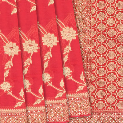 Peach Banarasi Woven Blended Silk Saree With Floral Vine Motifs-Peach