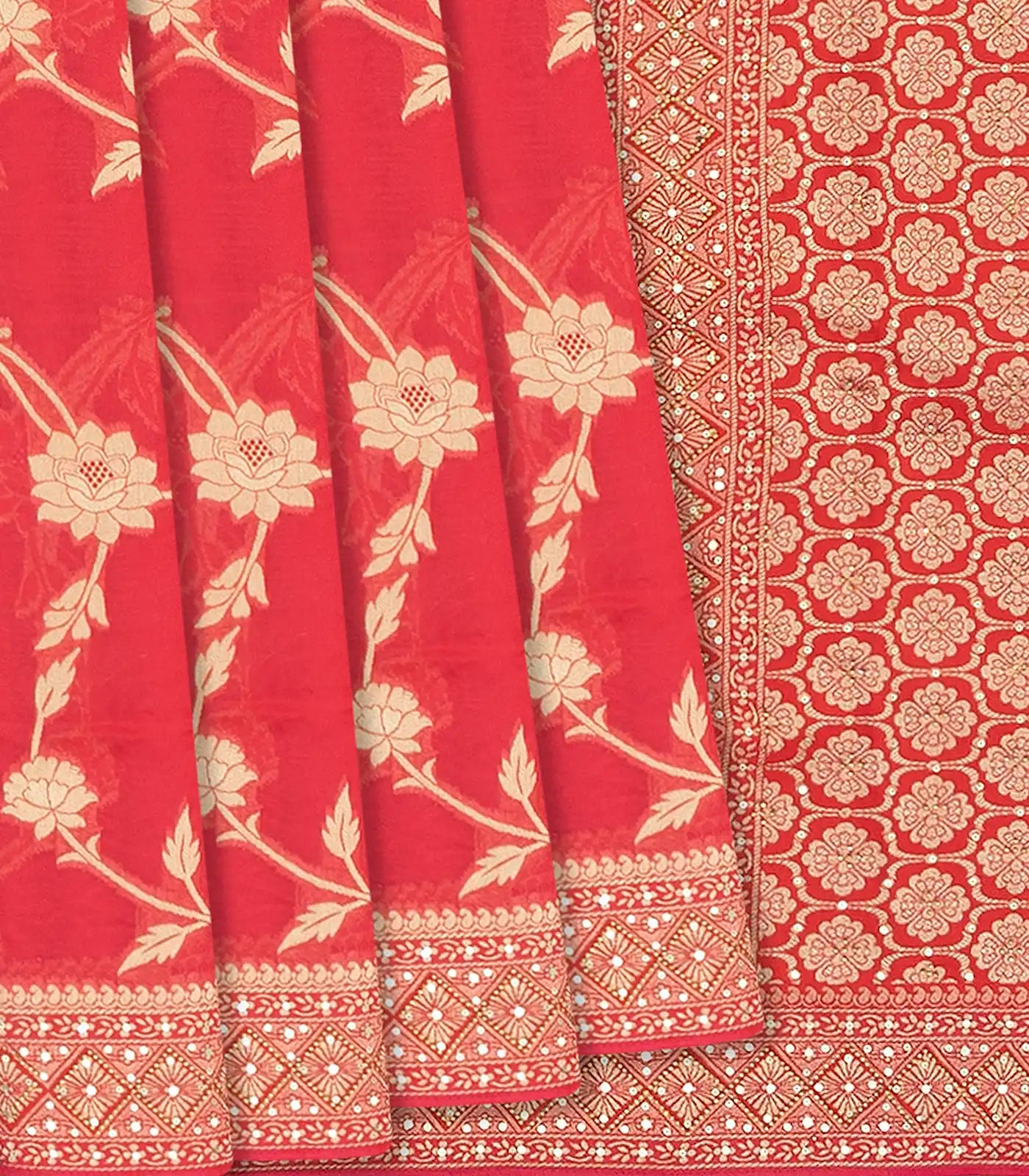 Peach Banarasi Woven Blended Silk Saree With Floral Vine Motifs-Peach