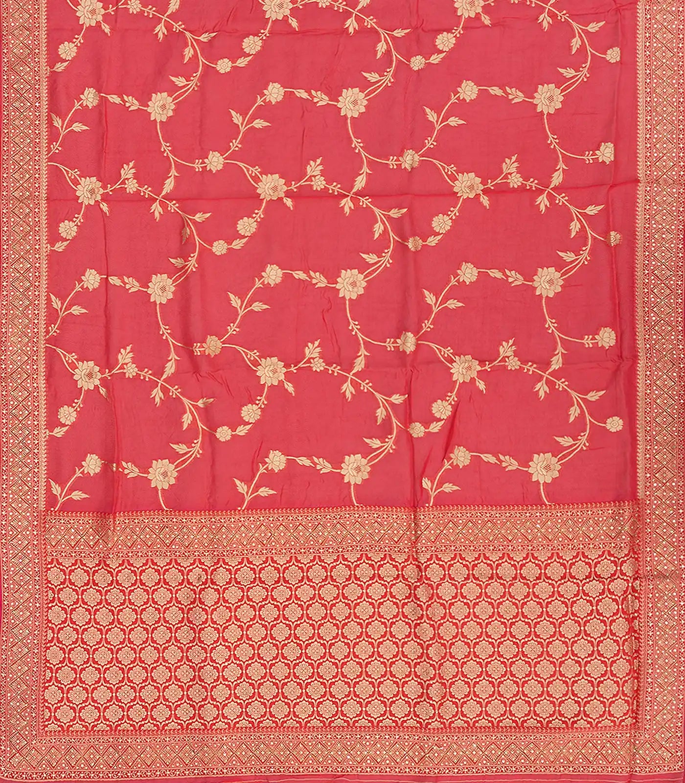 Peach Banarasi Woven Blended Silk Saree With Floral Vine Motifs-Peach