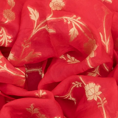Peach Banarasi Woven Blended Silk Saree With Floral Vine Motifs-Peach