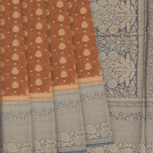Brown Woven Banarasi Blended Cotton Saree With Floral Motifs & Grey Border-Brown
