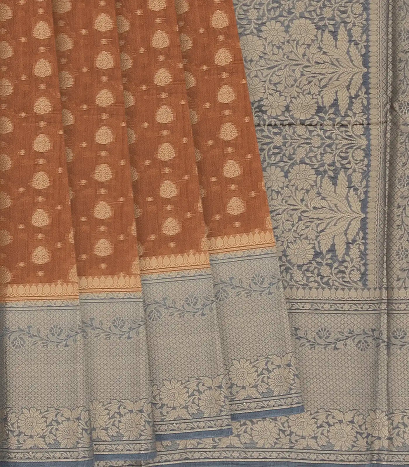 Brown Woven Banarasi Blended Cotton Saree With Floral Motifs & Grey Border-Brown