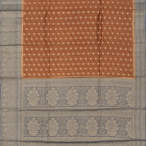 Brown Woven Banarasi Blended Cotton Saree With Floral Motifs & Grey Border-Brown