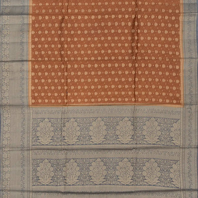 Brown Woven Banarasi Blended Cotton Saree With Floral Motifs & Grey Border-Brown