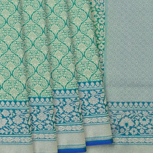 Green Woven Banarasi Blended Satin Saree With Floral Motifs & Cyan Border-Green