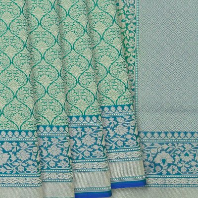 Green Woven Banarasi Blended Satin Saree With Floral Motifs & Cyan Border-Green