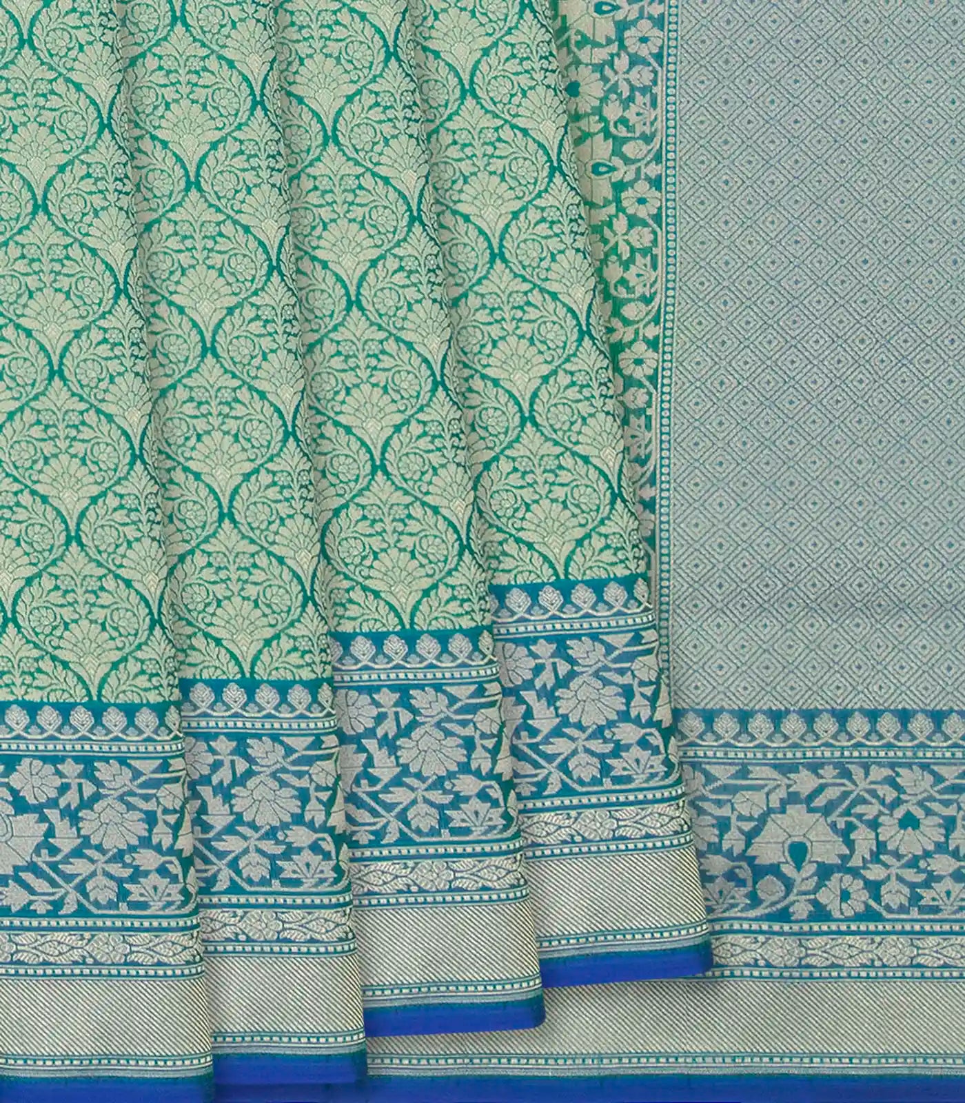 Green Woven Banarasi Blended Satin Saree With Floral Motifs & Cyan Border-Green