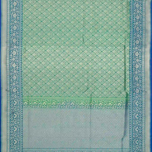 Green Woven Banarasi Blended Satin Saree With Floral Motifs & Cyan Border-Green