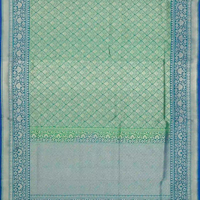 Green Woven Banarasi Blended Satin Saree With Floral Motifs & Cyan Border-Green