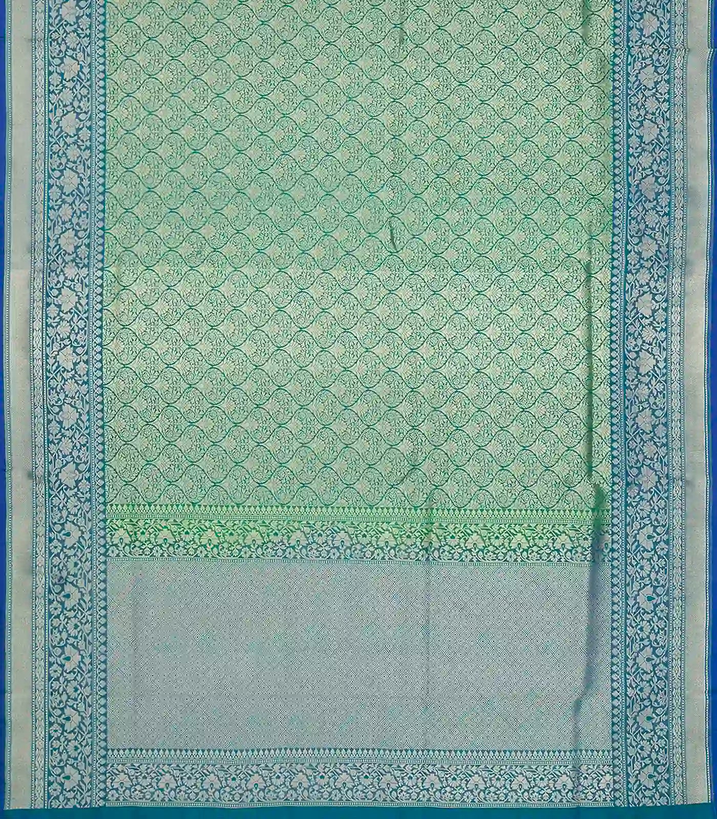 Green Woven Banarasi Blended Satin Saree With Floral Motifs & Cyan Border-Green