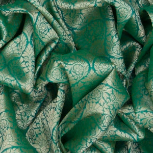 Green Woven Banarasi Blended Satin Saree With Floral Motifs & Cyan Border-Green
