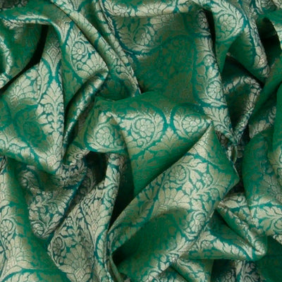 Green Woven Banarasi Blended Satin Saree With Floral Motifs & Cyan Border-Green