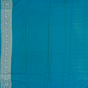 Green Woven Banarasi Blended Satin Saree With Floral Motifs & Cyan Border-Green