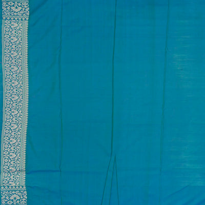Green Woven Banarasi Blended Satin Saree With Floral Motifs & Cyan Border-Green