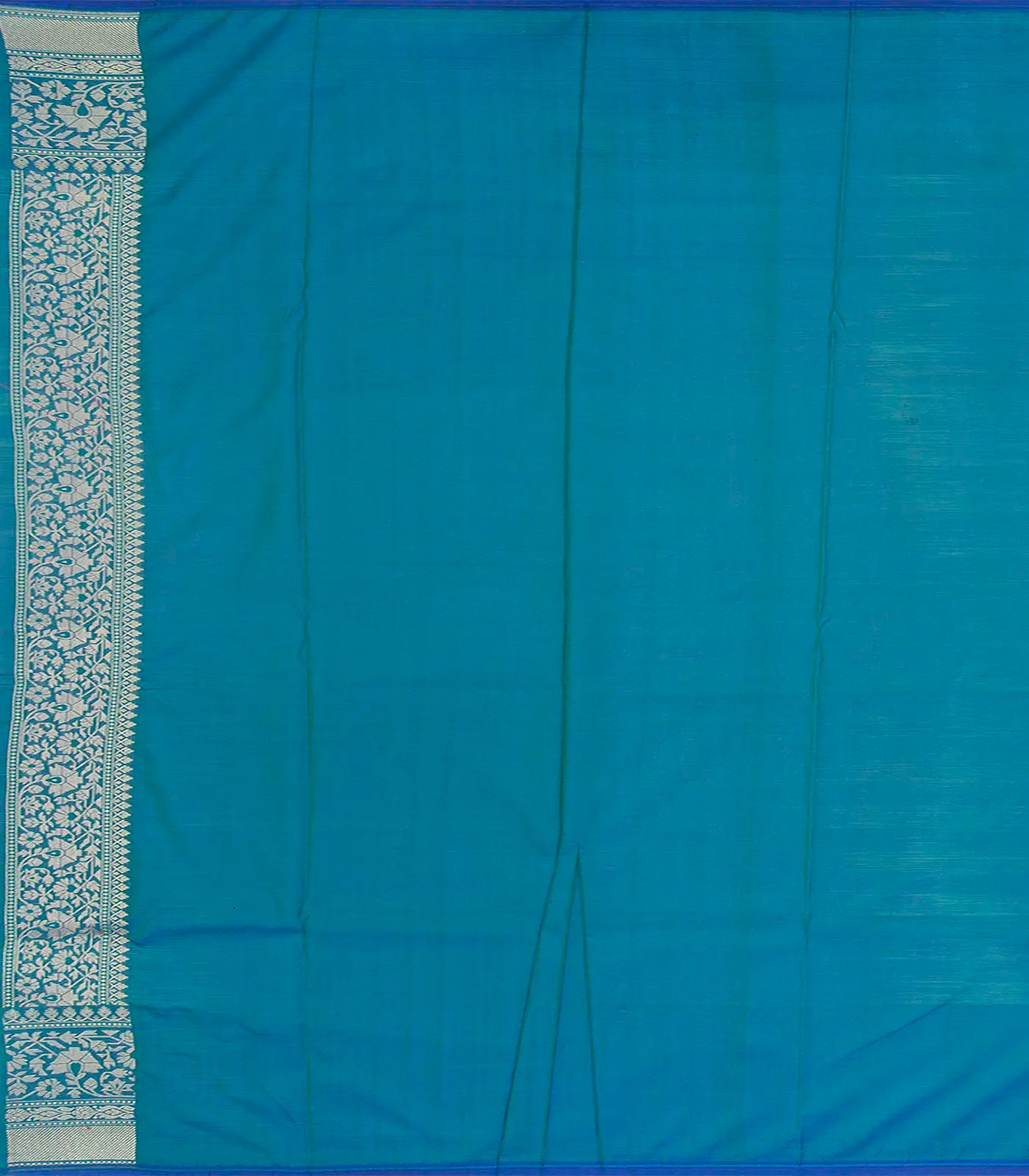 Green Woven Banarasi Blended Satin Saree With Floral Motifs & Cyan Border-Green