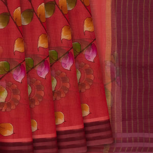 Red Woven Kota Silk Saree With Hand Painted Floral Motifs-Red