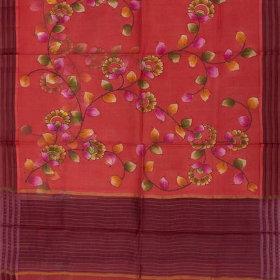 Red Woven Kota Silk Saree With Hand Painted Floral Motifs-Red