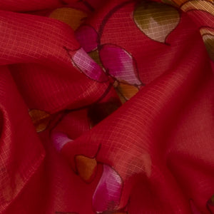 Red Woven Kota Silk Saree With Hand Painted Floral Motifs-Red