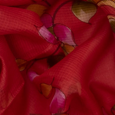 Red Woven Kota Silk Saree With Hand Painted Floral Motifs-Red