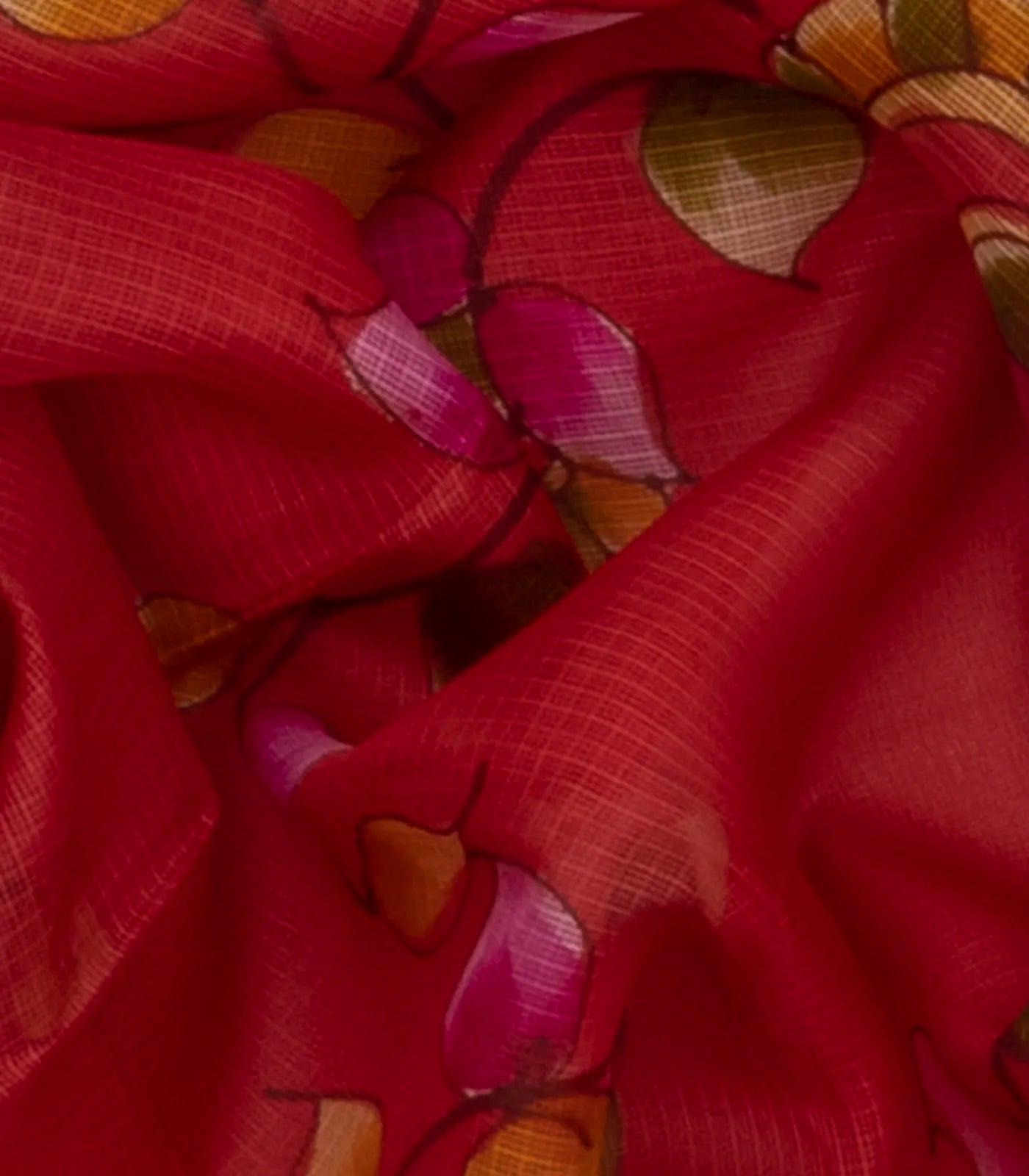 Red Woven Kota Silk Saree With Hand Painted Floral Motifs-Red