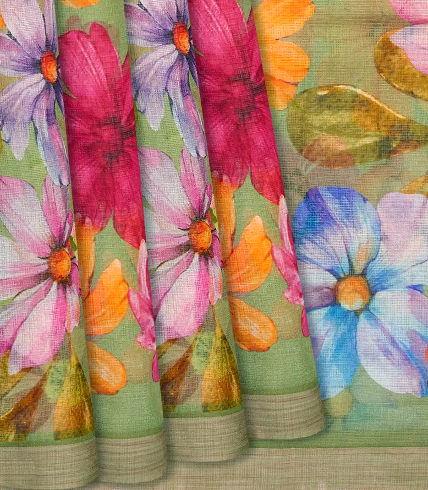 Pista Green Woven Kota Silk Saree With Printed Floral Motifs-Pista Green