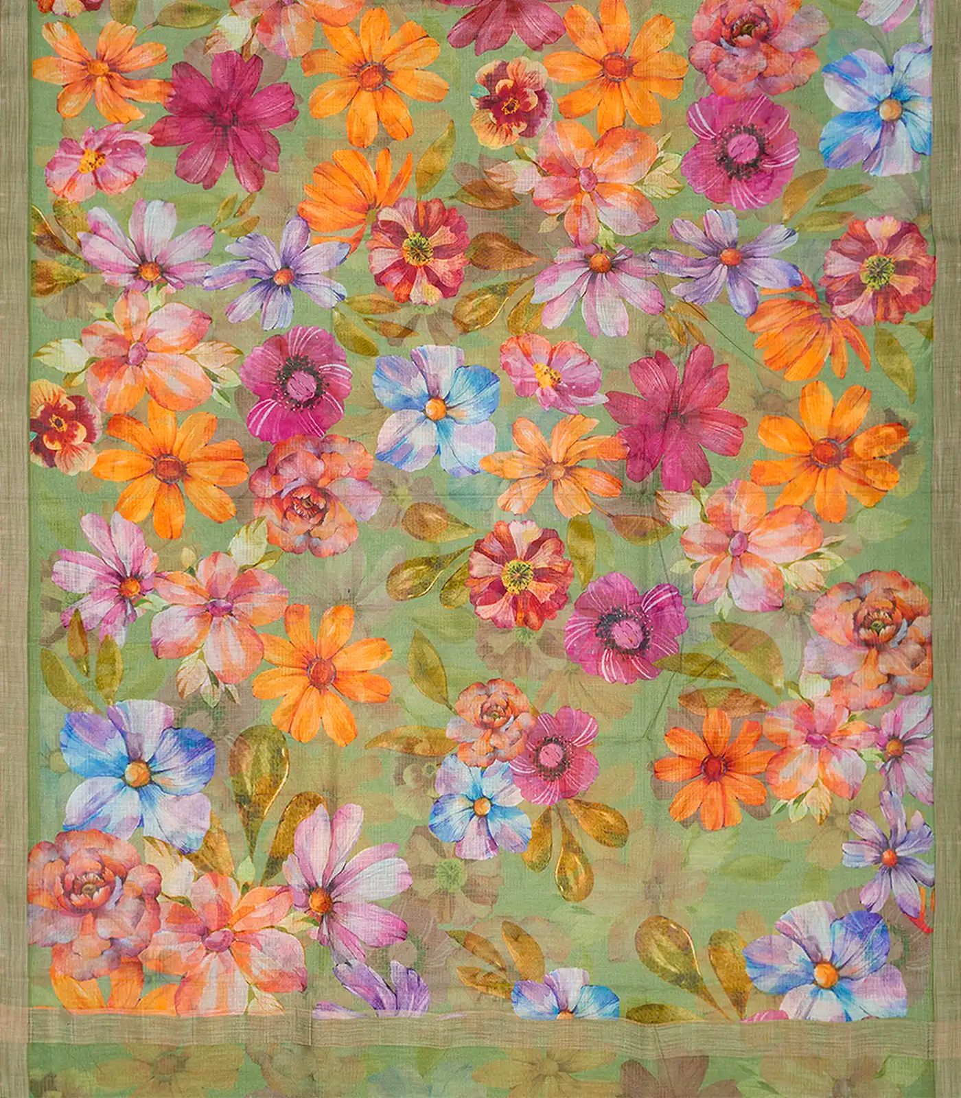 Pista Green Woven Kota Silk Saree With Printed Floral Motifs-Pista Green