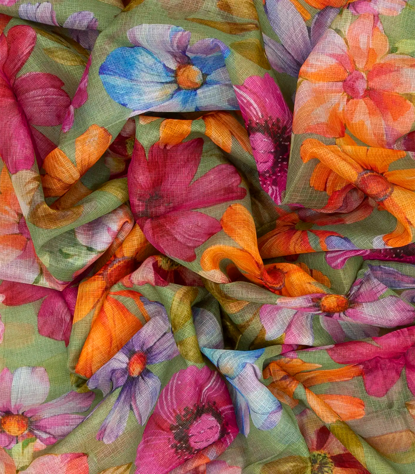 Pista Green Woven Kota Silk Saree With Printed Floral Motifs-Pista Green